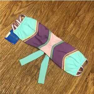 Benedetta Purple Green Pink Crush Stitch Top Bikini Bandeau Size Medium